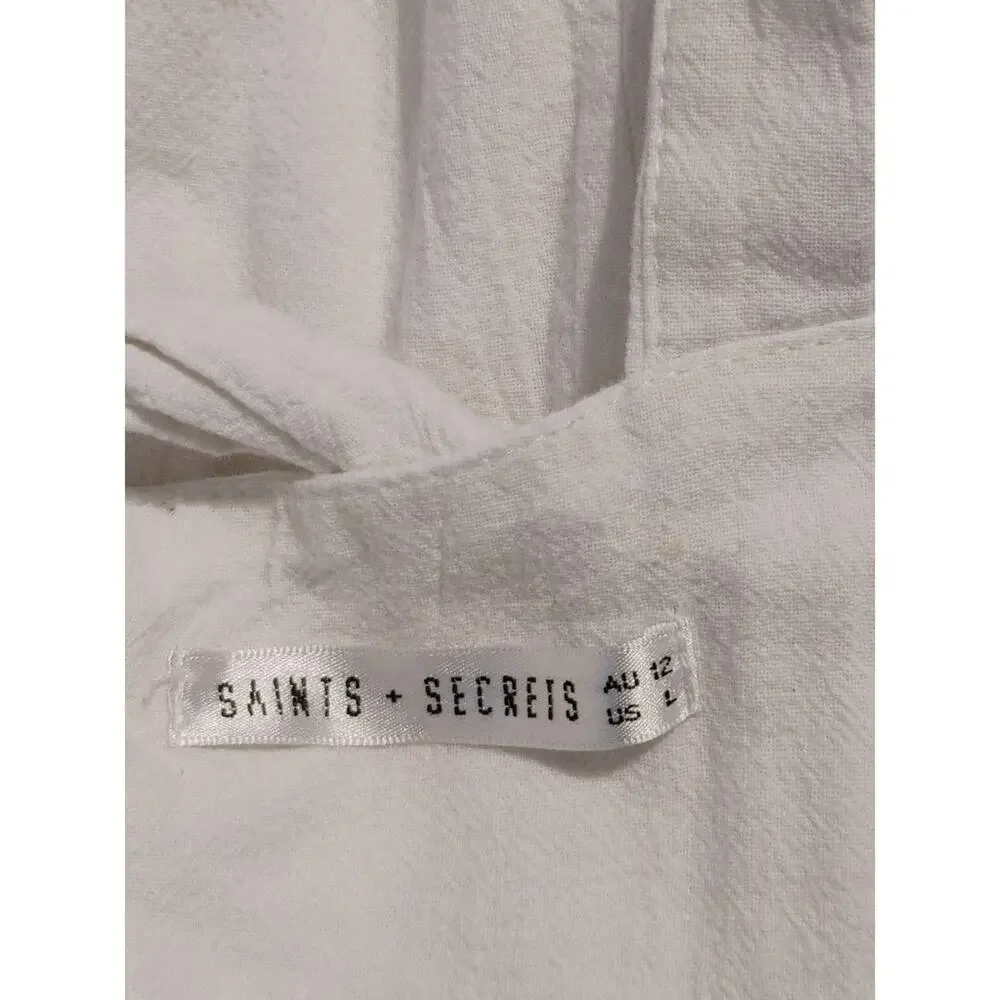 Saint + Secrets Linen Ruffle Apron Front Jumpsuit Tie Waist Soft White Womens L